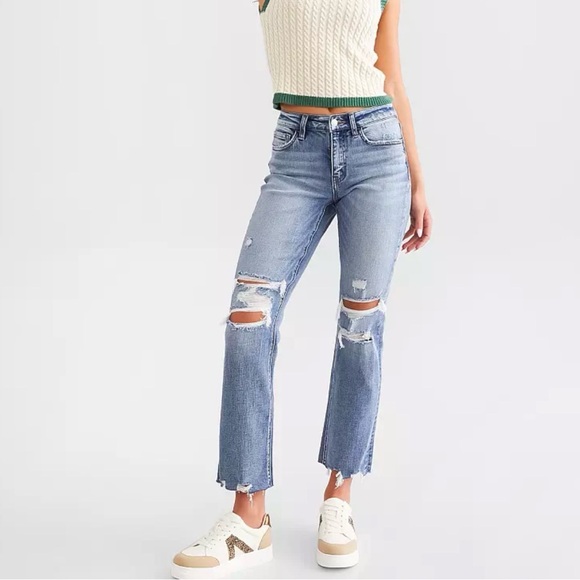 Flying Monkey Light Blue Mid-Rise Cropped Straight Jeans - Picture 1 of 14